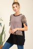 Celeste Full Size Open Tie Sleeve Leopard Color Blocked Top