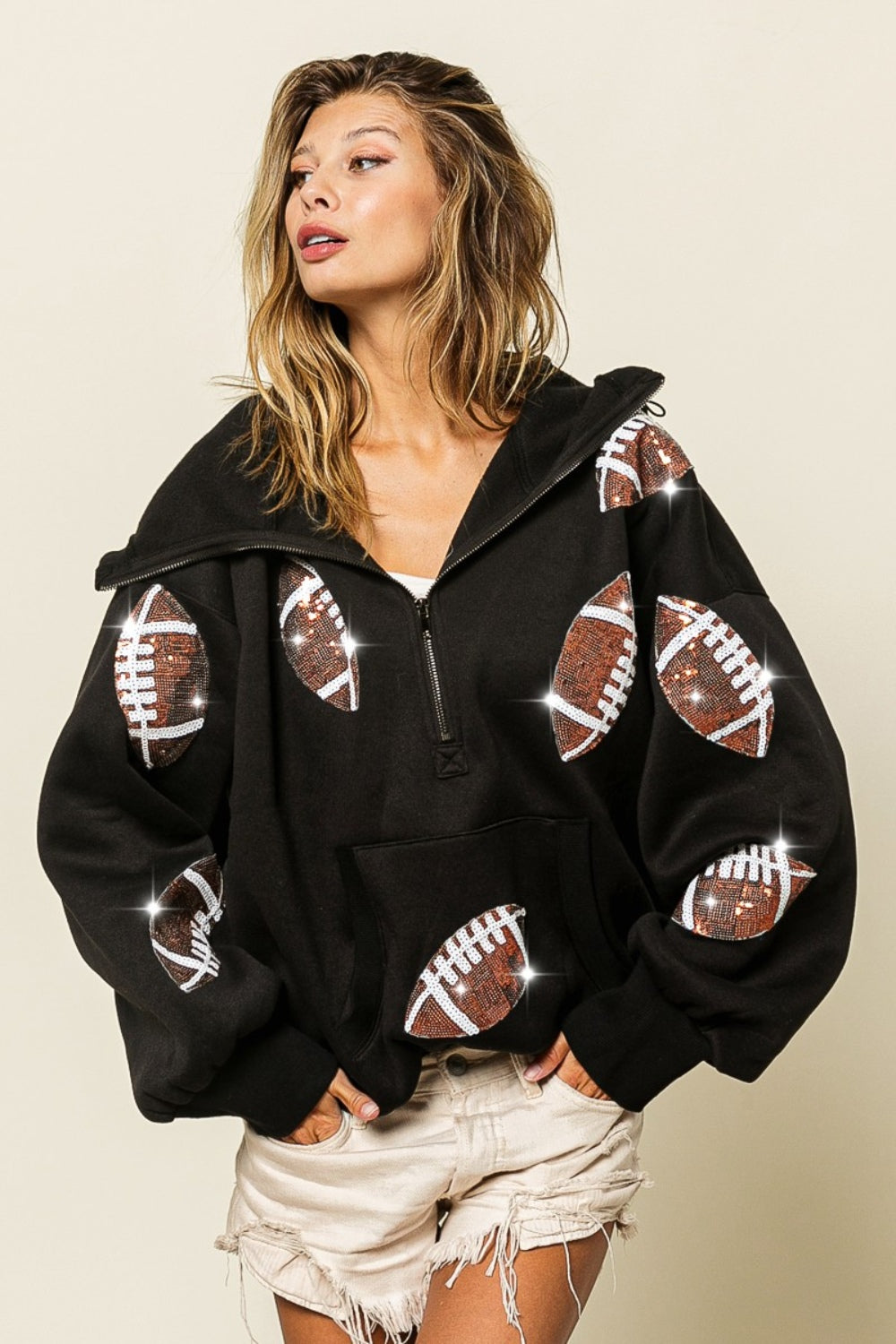 BiBi Sequin Football Half Zip Hoodie