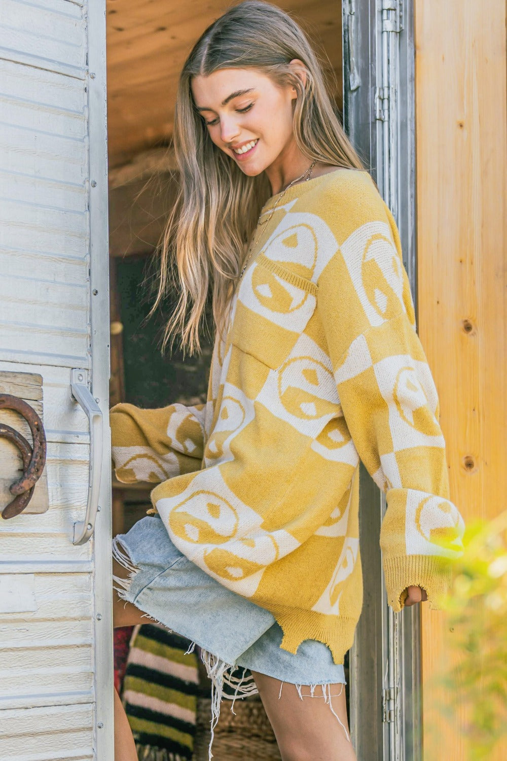 And The Why Checkerboard Sweater with Yin Yang Pattern