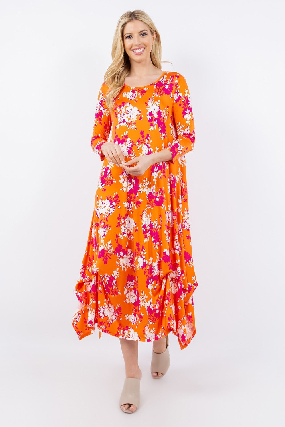 Celeste Full Size Pick-Up Hem Asymmetric Floral Midi Dress