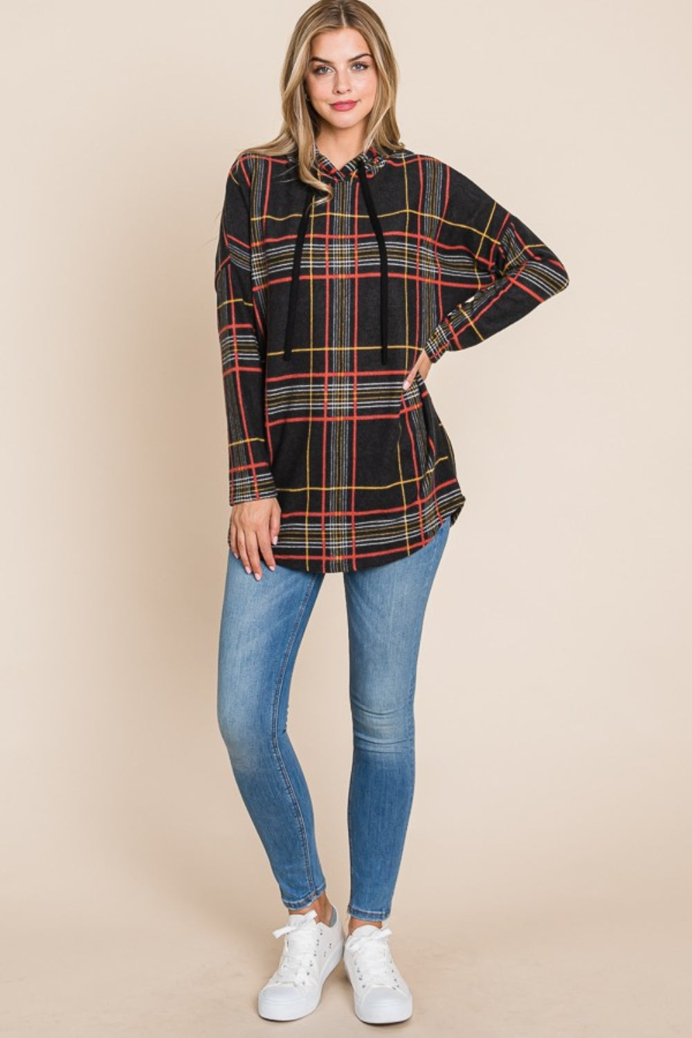 BOMBOM Drawstring Plaid Long Sleeve Hoodie