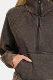 Zenana Acid Washed Half Zip Fleece Sweatshirt