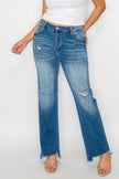 bytos Full Size Raw Hem Distressed Mid Rise Straight Jeans