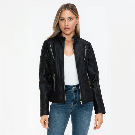 Snobbish Faux Leather Zip Up Mock Neck Jacket