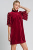 Umgee Dotted Lace Half Sleeve Mock Neck Back Tie Velvet Dress