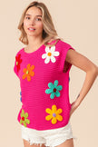 BiBi Flower Round Neck Cap Sleeve Knit Top