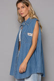 POL Button Down Sleeveless Striped Denim Shirt