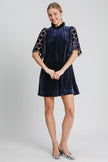 Umgee Dotted Lace Half Sleeve Mock Neck Back Tie Velvet Dress