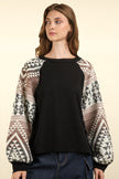 VERY J Printed Long Sleeve Round Neck Knit Top