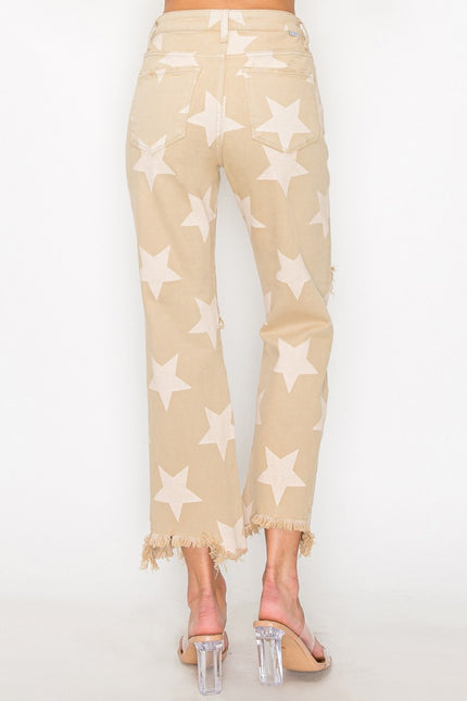 RISEN Full Size High Rise Star Printed Frayed Hem Jeans