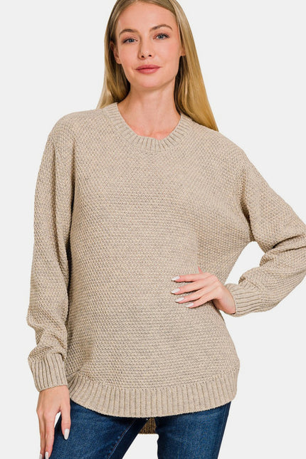 Zenana Full Size Round Neck Long Sleeve Curved Hem Sweater