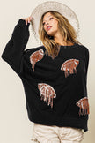 BiBi Sequin Fringe Football Patch Round Neck Sweatshirt