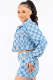 American Bazi Checkered Long Sleeve Cropped Denim Jacket