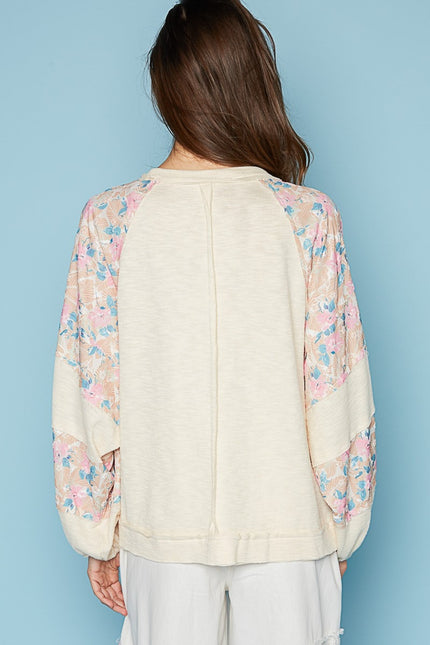 POL Round Neck Balloon Floral Long Sleeve Top