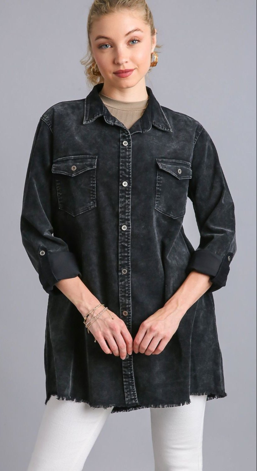 Umgee Raw Hem Button Down Denim Jacket with Chest Pockets