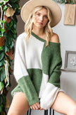 First Love Color Block Round Neck Long Sleeve Ribbed Sweater